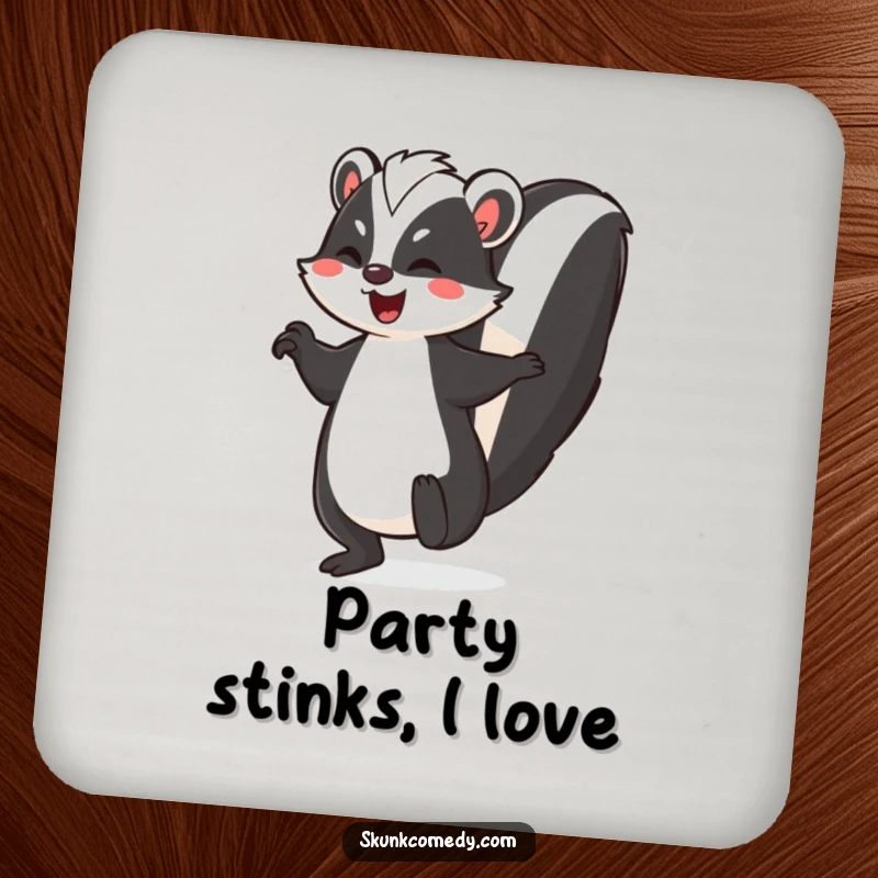 Funny skunk coaster, a skunk doing a joyful jig with its striped tail held high, protecting tables with dance flair.
