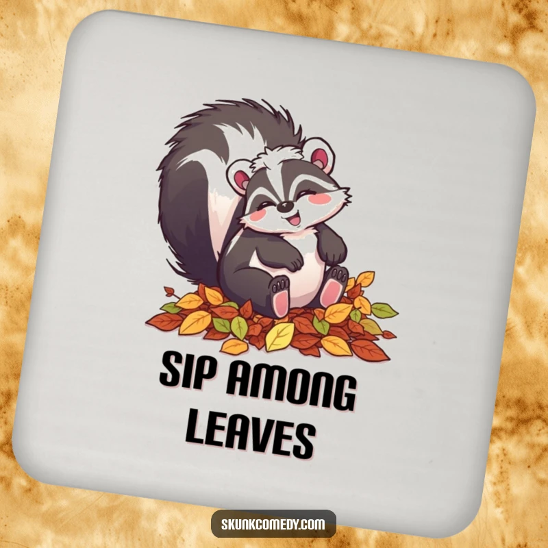 Funny skunk coasters featuring a happy skunk tumbling in autumn leaves, a festive addition to any table.