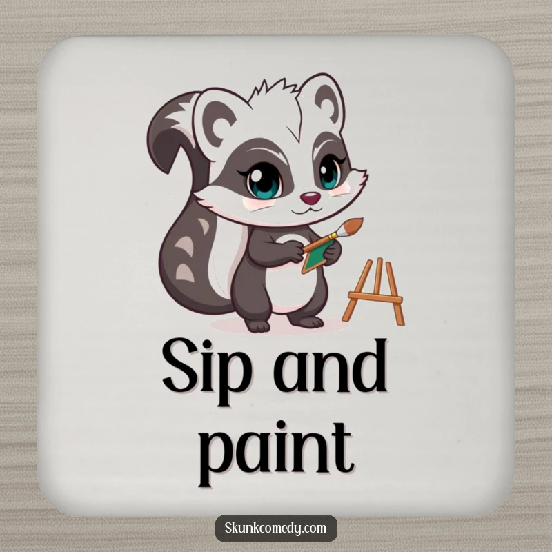 Funny skunk coaster featuring a determined artist skunk holding a tiny paintbrush and easel, adding creative charm and surface protection.