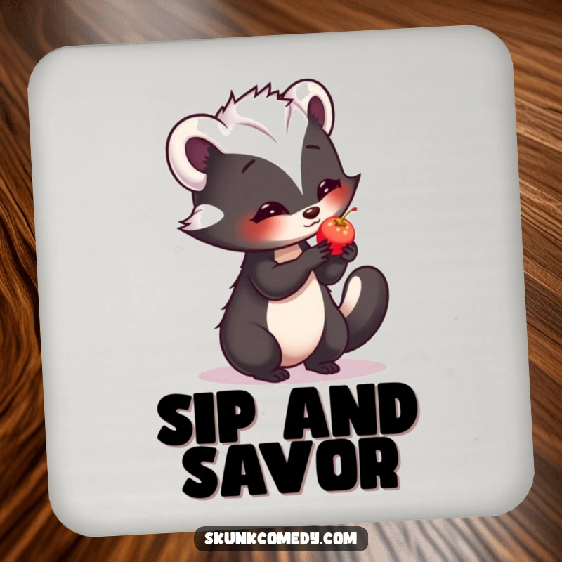 Funny drink coaster depicting a shy skunk offering a small, glowing berry with a bashful look.