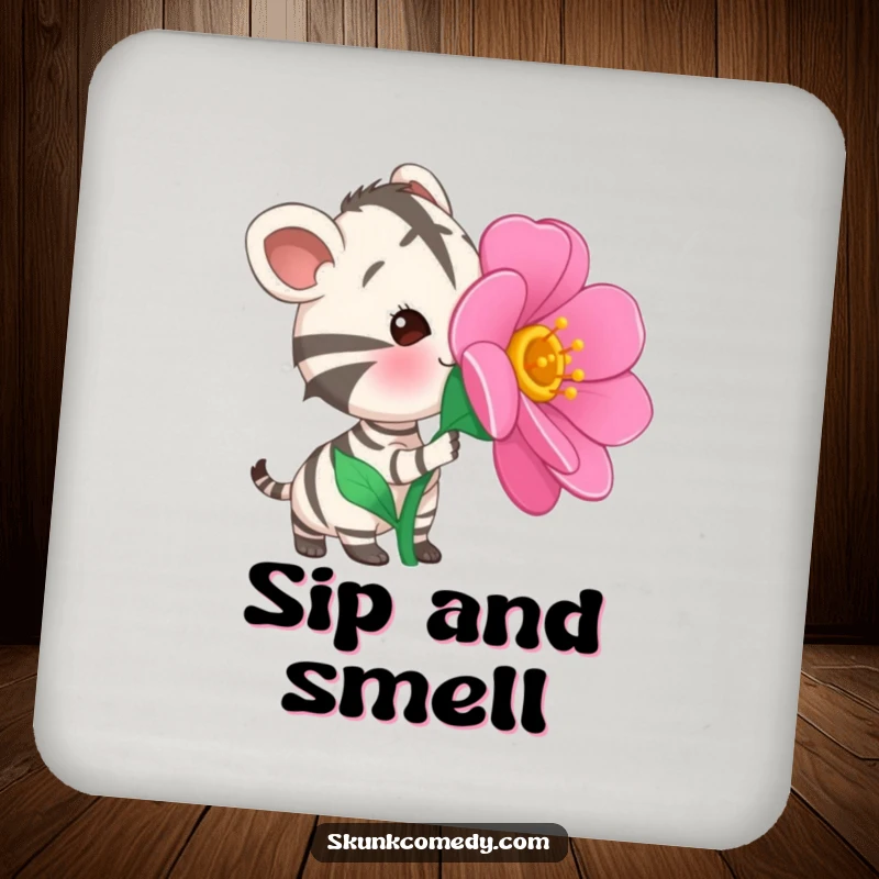 Funny Striped Animal Coaster featuring a curious striped creature curiously sniffing a large, vibrant, oversized flower, protecting surfaces.