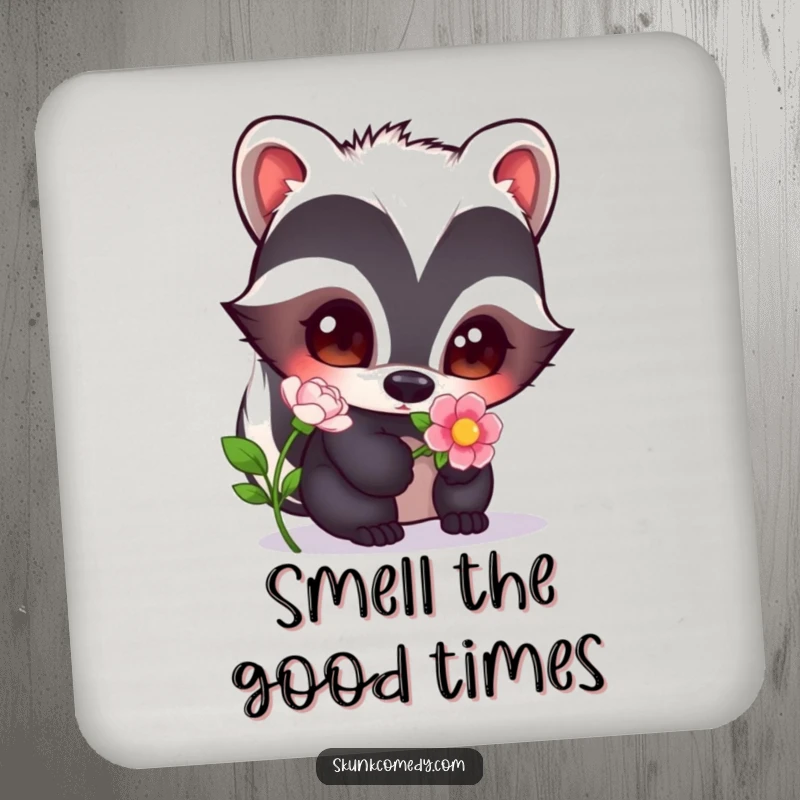 Funny skunk with wide, curious eyes sniffing a flower, a charming and humorous design for this drink coaster.