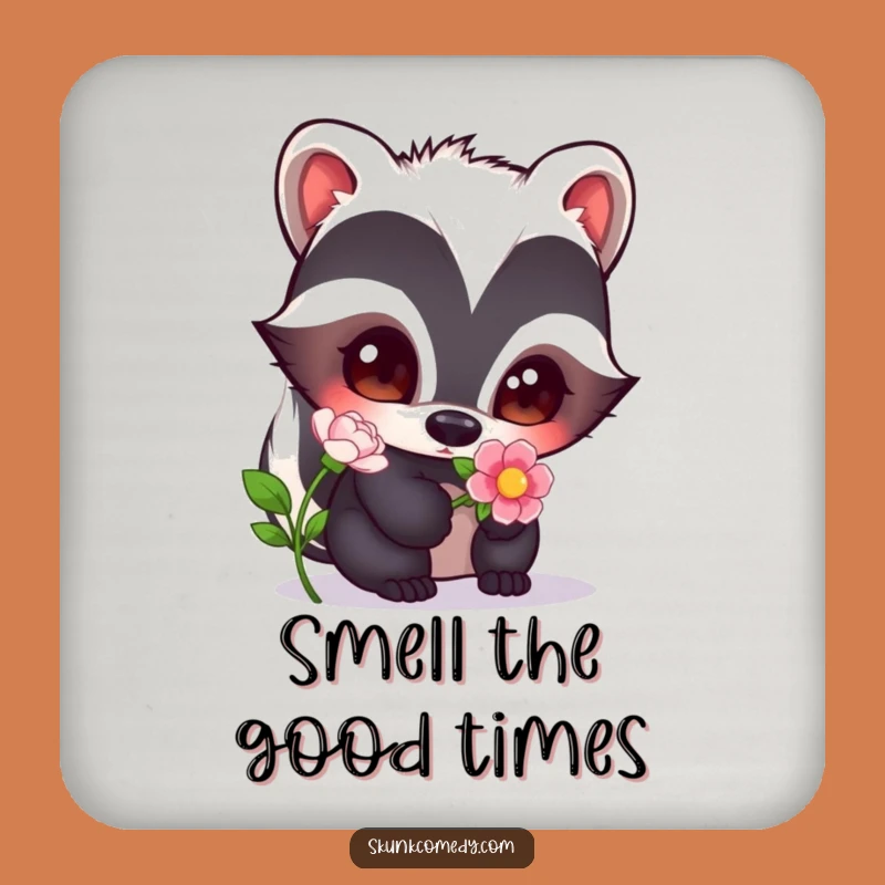 Funny Curious Skunk Coaster: Floral Fascination, Humorous Drink Protector