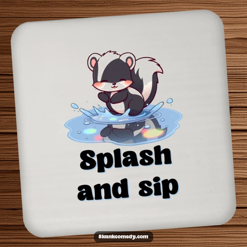 Funny skunk coasters (set of 4) illustrating a skunk splashing in a puddle with rainbow reflections, adding humorous charm to tables.