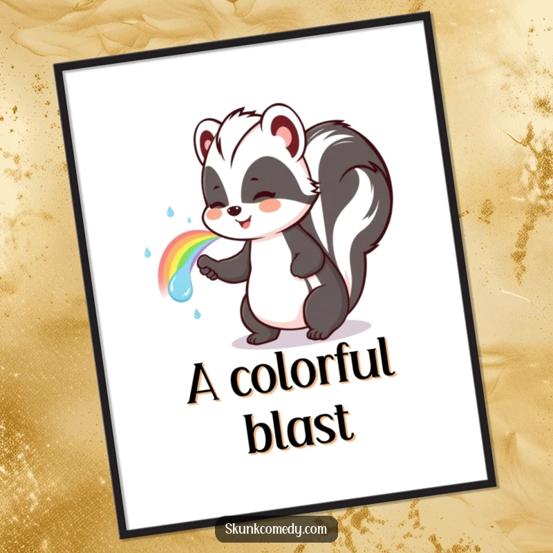 Funny skunk poster showing a cute skunk happily spraying a spectacular rainbow, bringing color to any room.