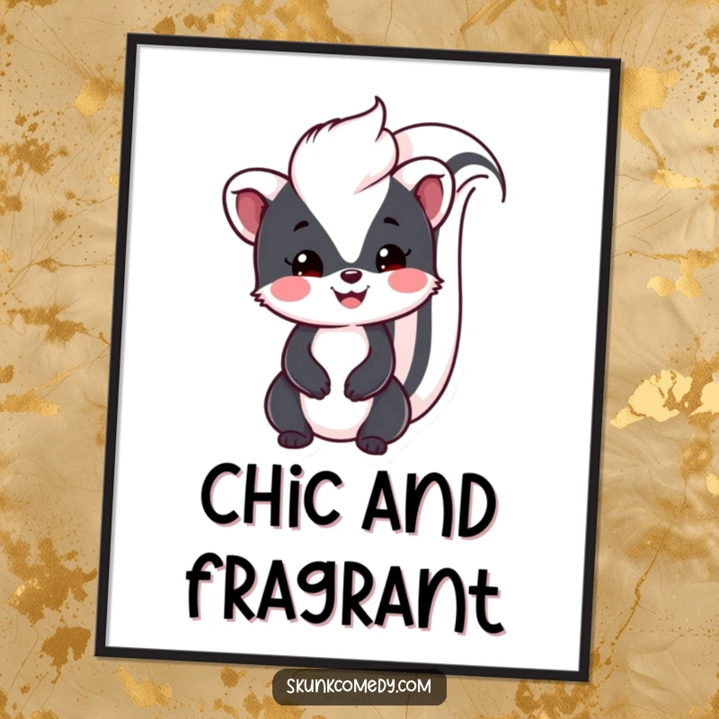 Funny Kawaii Skunk poster of a smiling skunk with its tail held high, radiating friendly vibes and cute charm.
