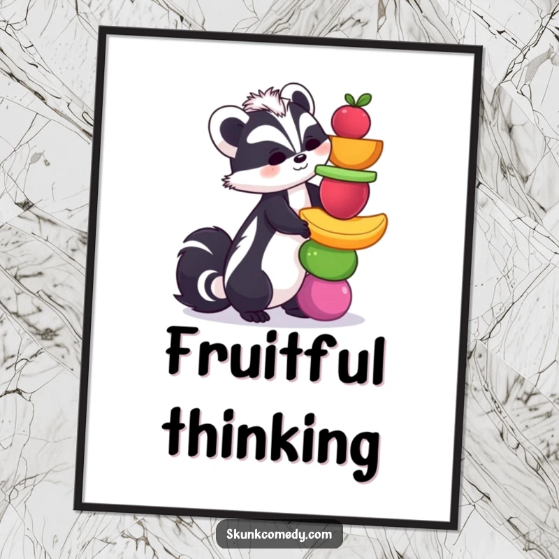 Funny skunk poster featuring a skunk precariously balancing a tall stack of colorful fruits, adding humor and vibrancy to wall decor.