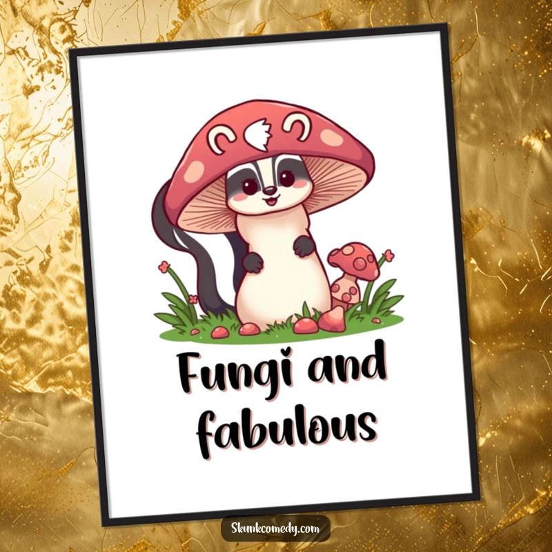 Funny skunk peeking from behind a giant mushroom, enchanting forest poster, cute animal art, humorous wall decor.