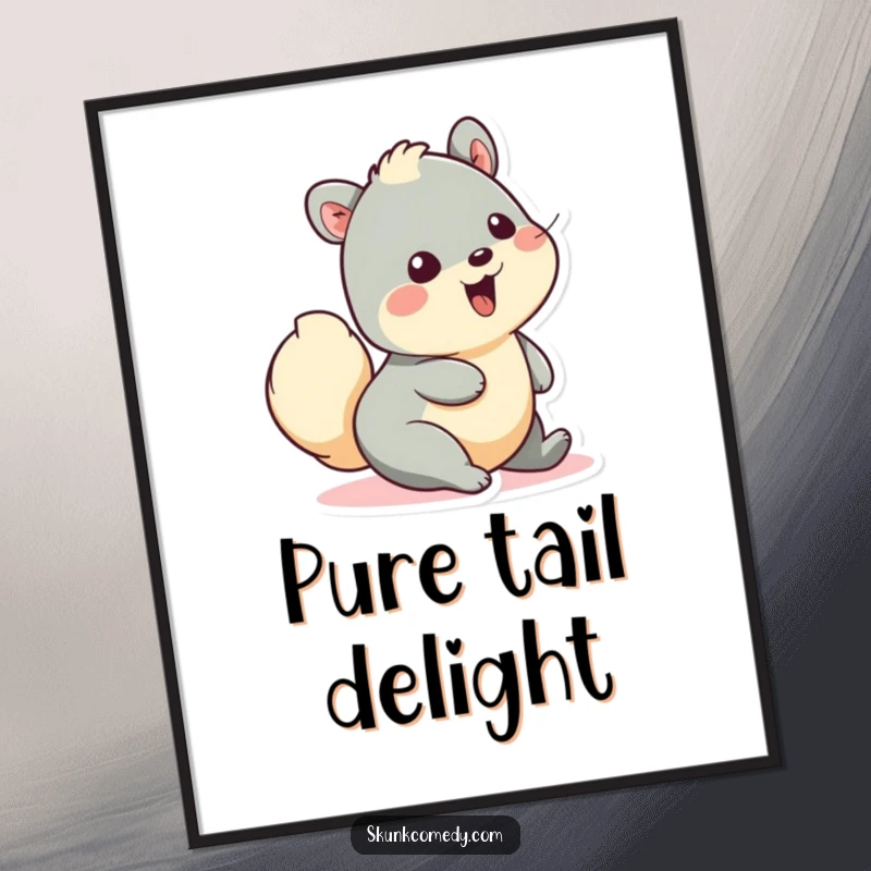 Funny poster art of a creature wiggling its fluffy tail in pure delight, capturing a moment of unadulterated happiness and playful joy.