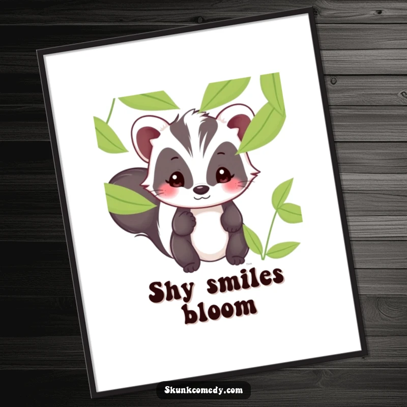 Funny Kawaii skunk poster illustrating a shy skunk with a sweet smile peeking from behind leaves, adding charm.