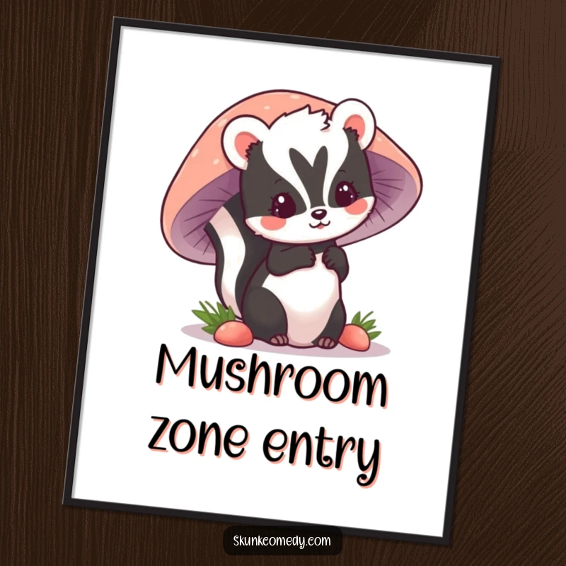 Funny kawaii skunk peeking from behind a big mushroom, creating a charming and humorous scene on this poster.
