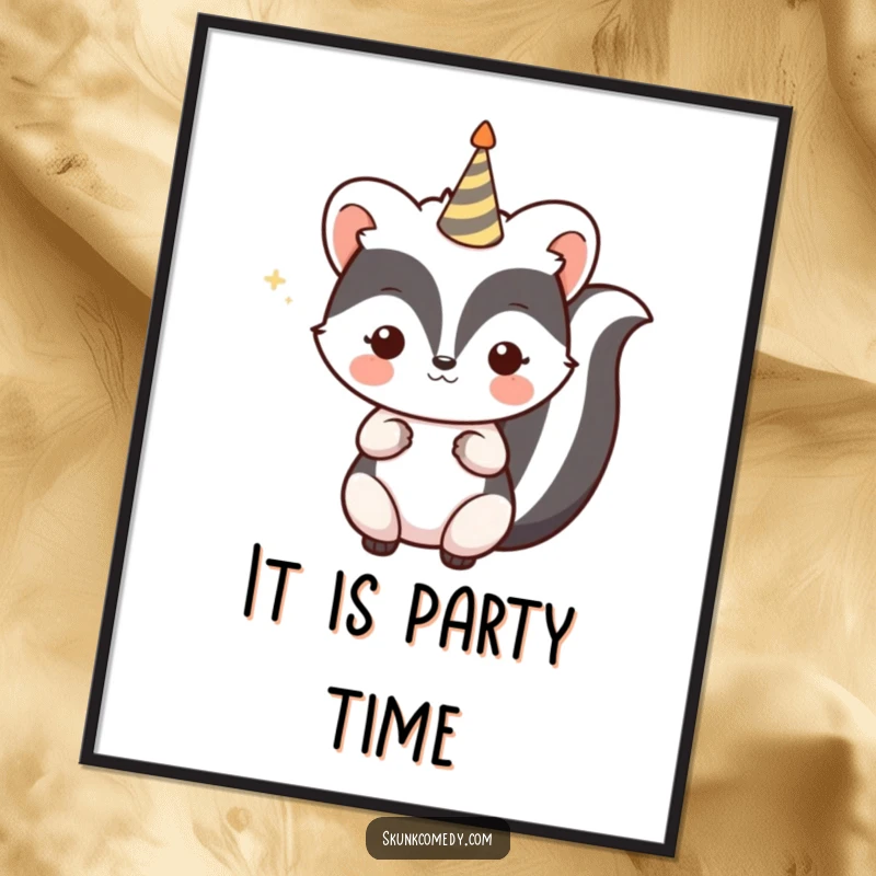 Funny Kawaii Skunk Poster featuring a skunk with a celebratory party horn, bringing festive cheer and joy to wall art, a great gift.