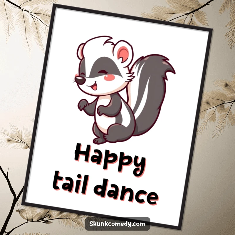 Funny poster showcasing a joyful skunk doing a spirited jig, its tail held high in a triumphant and happy display.