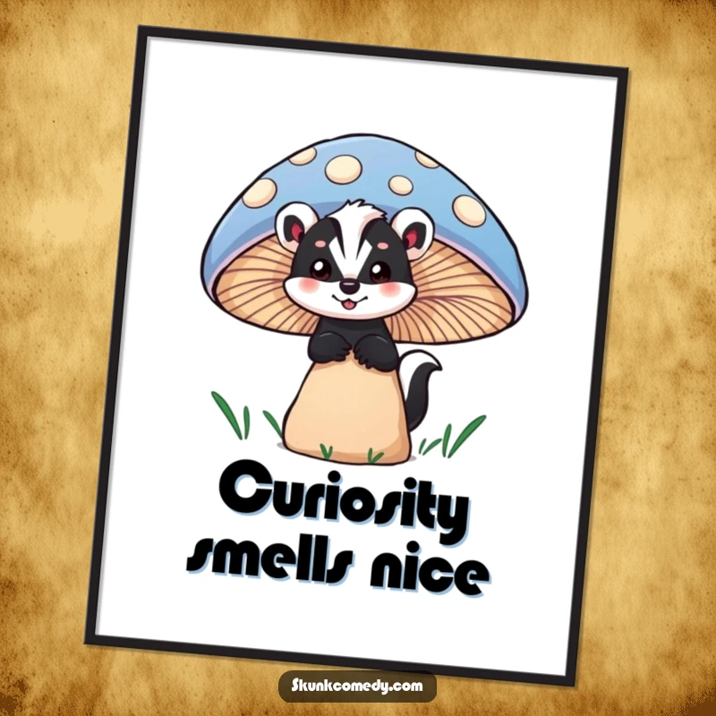 Funny skunk poster art of a skunk peeking with wonder from behind a large, colorful mushroom, evoking curiosity and magic.