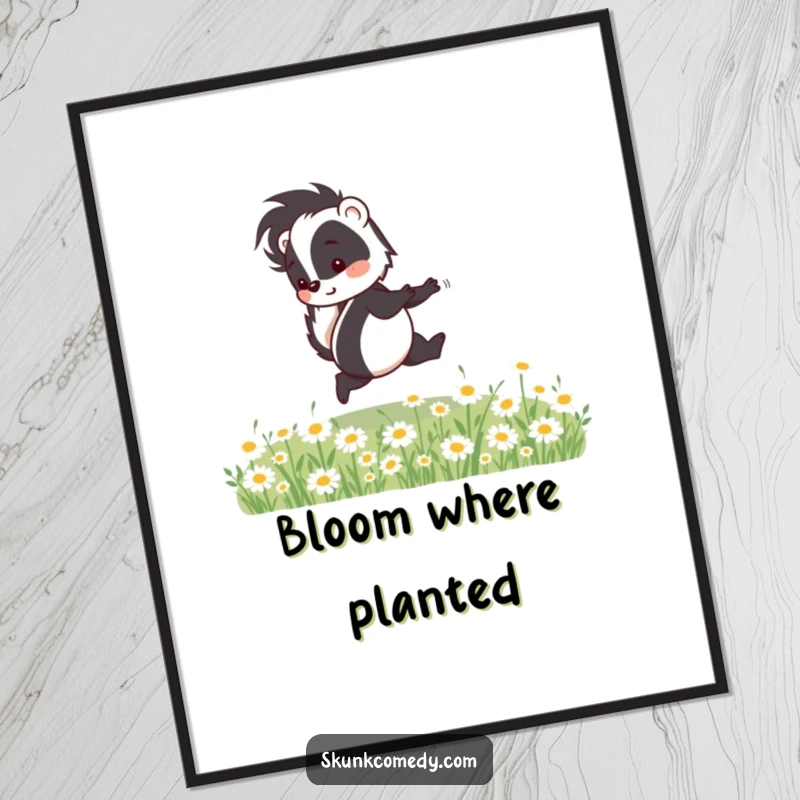 Funny skunk poster capturing a happy skunk joyfully skipping through a field of daisies, radiating pure delight.