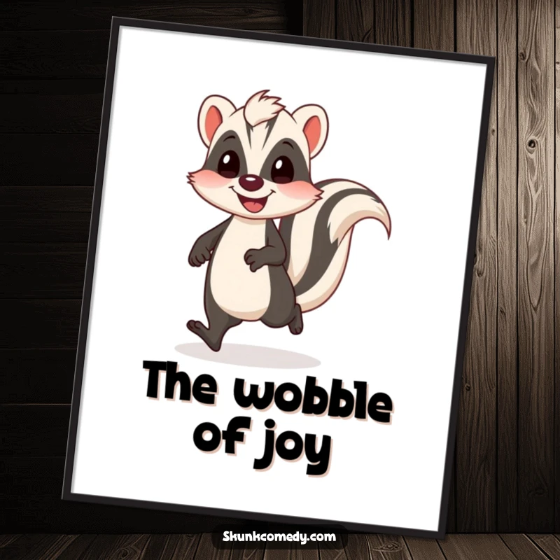 Funny skunk poster art of a skunk taking a funny, wobbly walk with a distinct happy bounce.