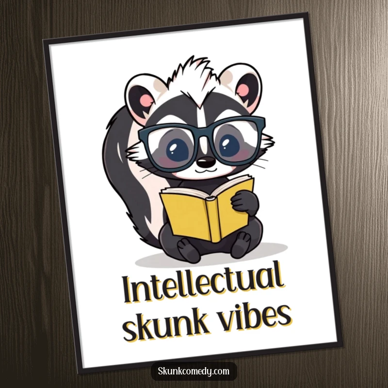 Funny skunk in oversized glasses reading a miniature book, displayed as an amusing and intellectual poster.