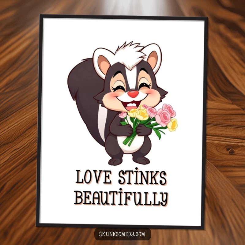 Funny skunk poster art displaying a skunk with a wide, toothy grin holding a lovely bouquet, adding humor to decor.
