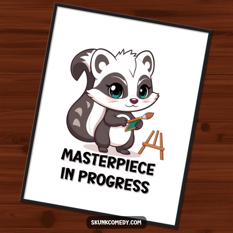 Funny skunk poster capturing a determined artist skunk holding a tiny paintbrush and easel, radiating creative focus and artistic determination.