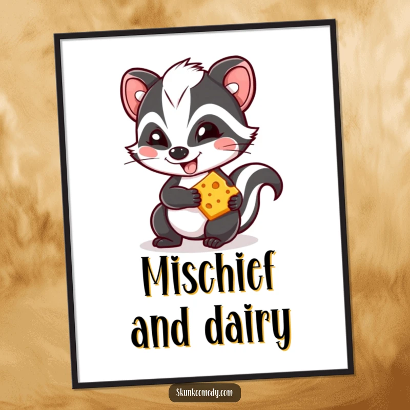 Funny Kawaii skunk poster, a mischievous skunk with a grin holding cheese, cute and humorous wall decor.