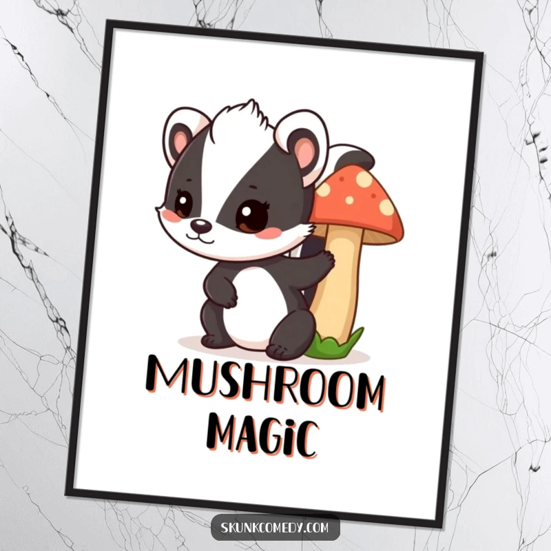 Funny skunk mushroom poster, a playful skunk winks while peeking from behind a large mushroom, cute and humorous wall art.