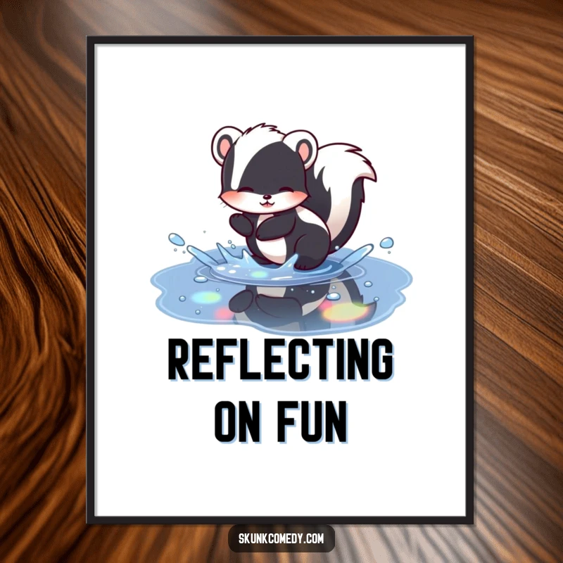 Funny skunk poster showcasing a skunk gleefully splashing in a puddle with beautiful rainbow reflections, adding vibrant humor to decor.