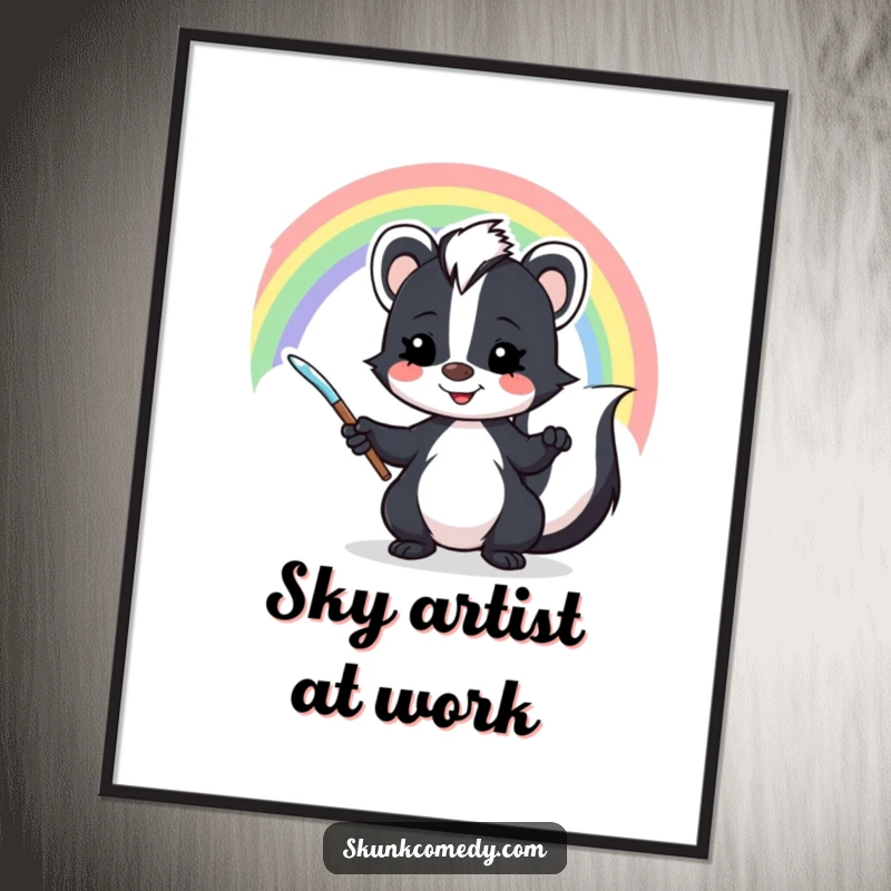 Funny skunk poster art of a mischievous skunk artistically painting a bright, cheerful rainbow across the sky.