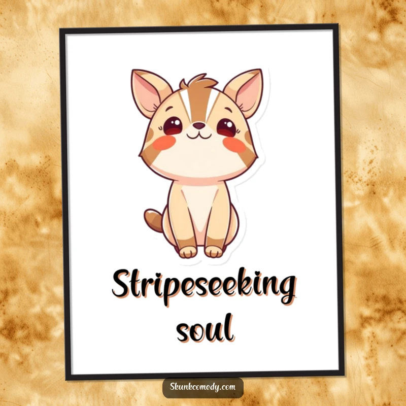 Funny poster art of a bold striped animal character gazing upwards with a look of profound wonder and wide-eyed curiosity. Captures imagination.