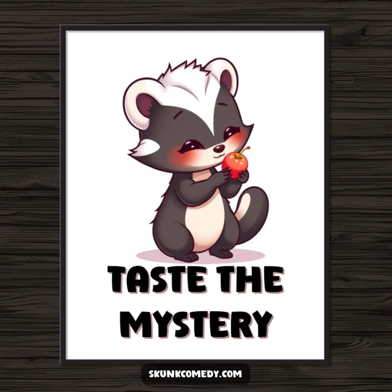 Funny poster art showing a shy skunk offering a small, luminous berry with a bashful demeanor.
