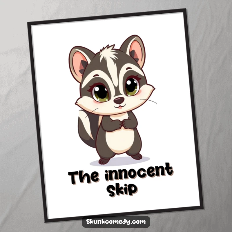 Funny skunk poster art of a skunk with wide, innocent eyes captured mid-skip, radiating sweetness and joy.