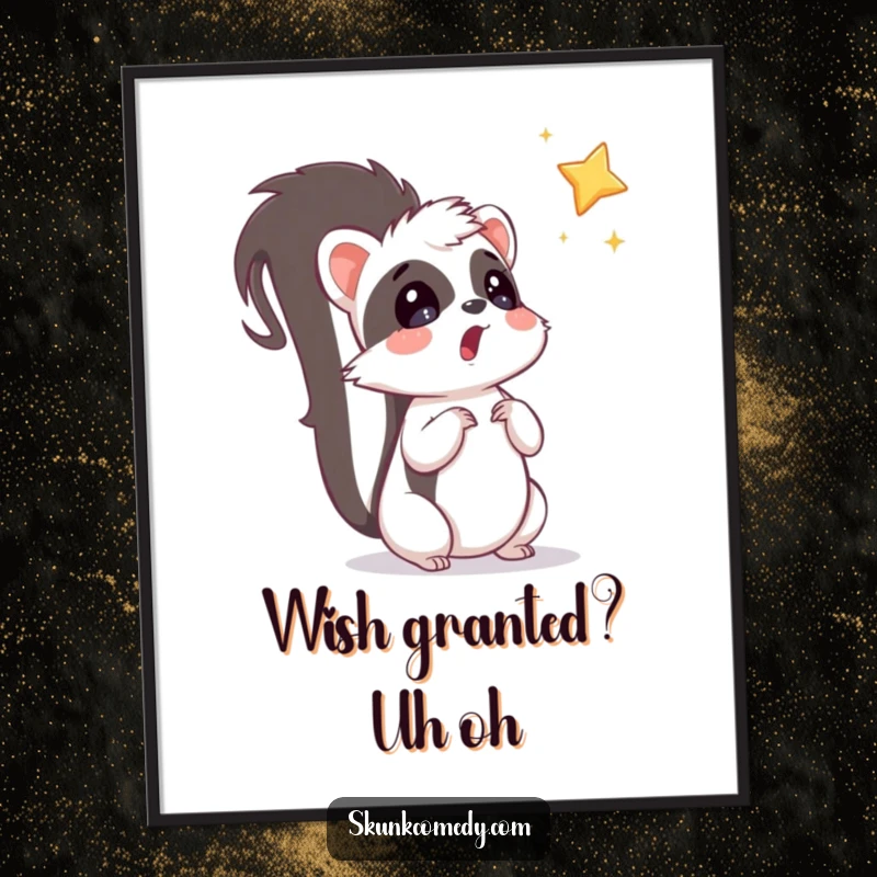 Funny surprised skunk looking up at a falling star, depicting whimsical humor in this wall art poster.