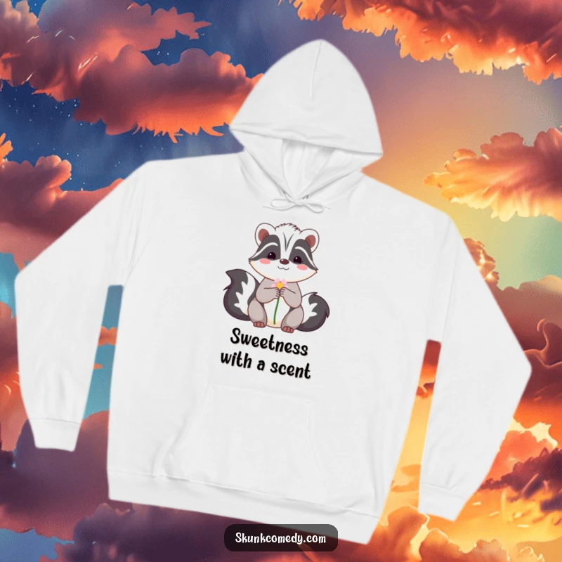 Funny hoodie featuring a shy skunk offering a flower, providing a warm, comfortable, and sweet way to express appreciation for gentle nature.