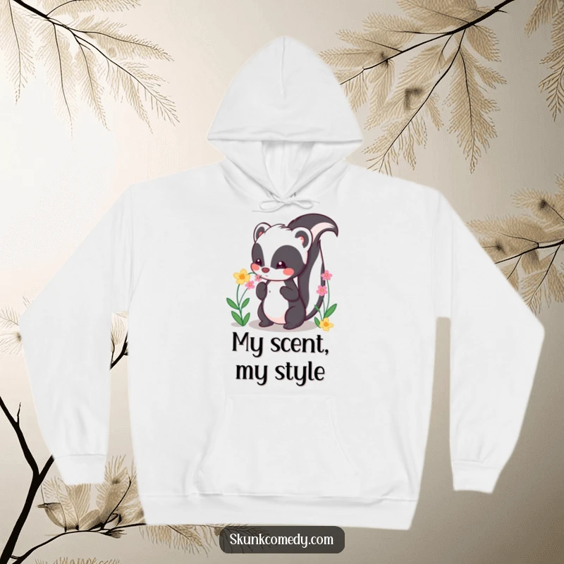 Funny Kawaii Skunk Hoodie featuring a cute skunk with tail high, smelling flowers, perfect for cozy, charming wear.