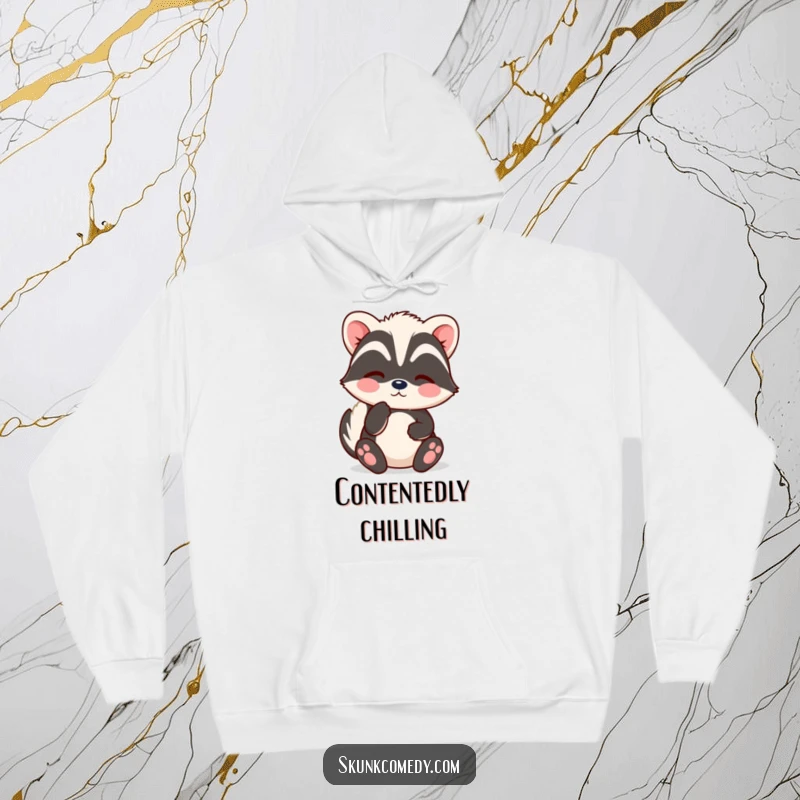Funny Kawaii Skunk Hoodie with a skunk sighing contentedly with soft puffs, offering ultimate comfort and relaxation for gifting.