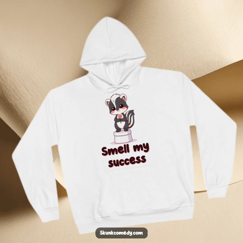 Funny hoodie depicting a proud skunk standing on a tiny pedestal holding a flower with pride.