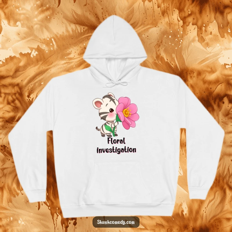 Funny Striped Animal Hoodie featuring a cute striped creature curiously sniffing a huge, colorful flower with great interest.