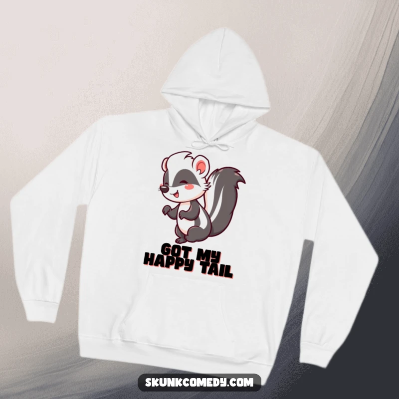 Funny and cozy hoodie featuring a happy skunk doing a joyful jig, its tail held high, embodying pure celebration.
