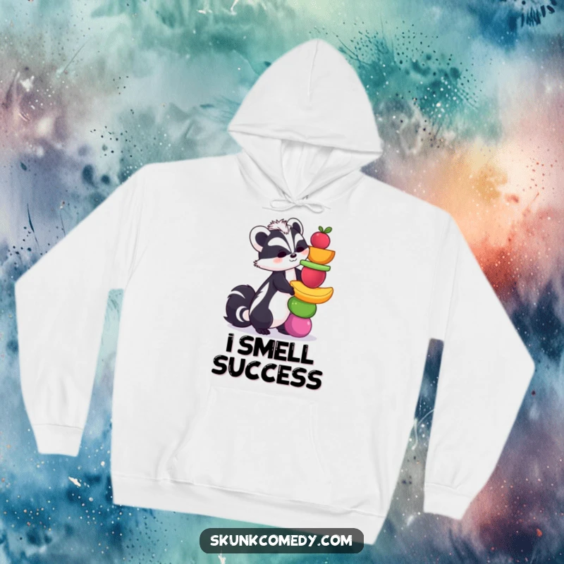 Funny skunk hoodie depicting a determined skunk balancing a vibrant tower of fruits, a cozy and humorous piece of clothing.