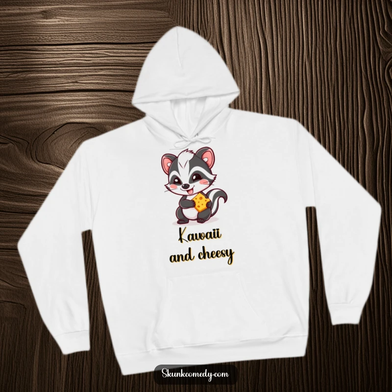 Funny Kawaii skunk hoodie, a mischievous skunk with a grin holding cheese, cozy and adorably humorous apparel.