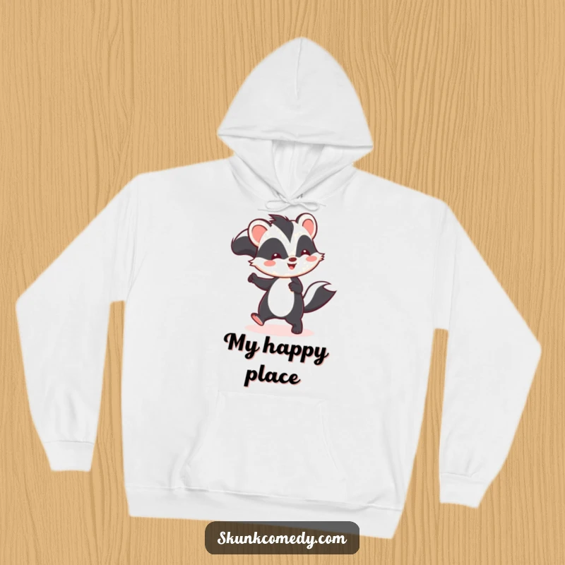 Funny Kawaii skunk hoodie showing a happy skunk in a playful hop, designed for maximum comfort and cuteness.