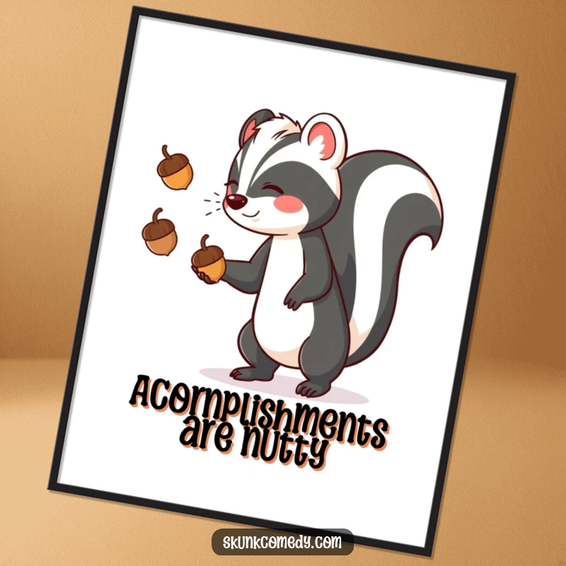 Funny Free Printable Wall Art: A skunk displays incredible juggling skills with acorns, a humorous downloadable piece.