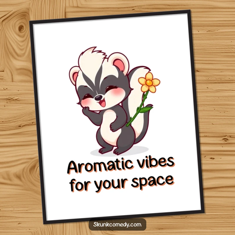 Funny Free Printable Wall Art showcasing a happy skunk gently twirling a flower, radiating calm and simple joy.