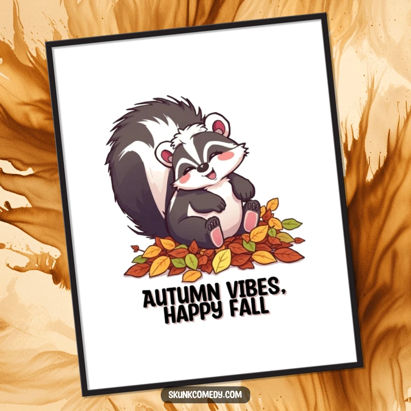 Funny Free Printable Wall Art: A skunk with a happy smile playfully tumbling in a huge pile of colorful autumn leaves.