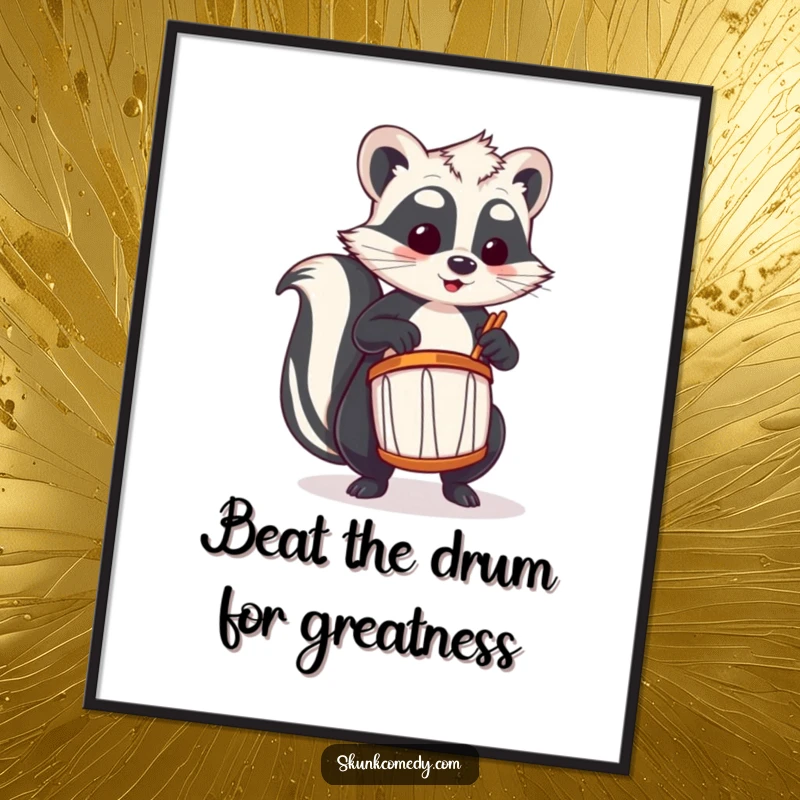 Funny Free Printable Wall Art: A skunk playing a tiny drum with energetic and enthusiastic taps.