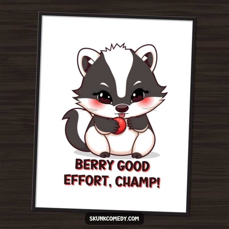 Funny Free Printable Wall Art: A skunk with a serious, determined expression is focused on rolling a small, round berry across the ground.