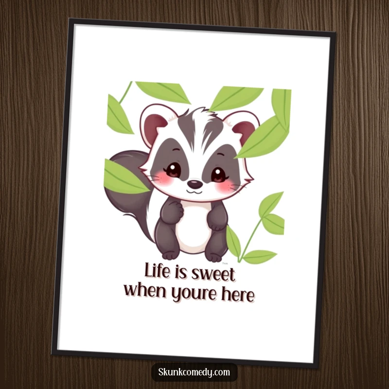 Funny Free Printable Kawaii Skunk Wall Art: Shy skunk peeking from leaves with a sweet smile, perfect for gentle decor.