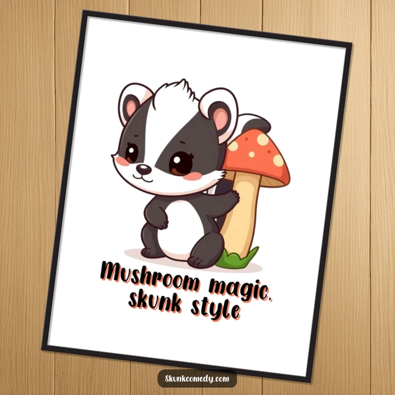 Funny Free Printable Wall Art: A skunk with a playful wink peeking from behind a whimsical mushroom.