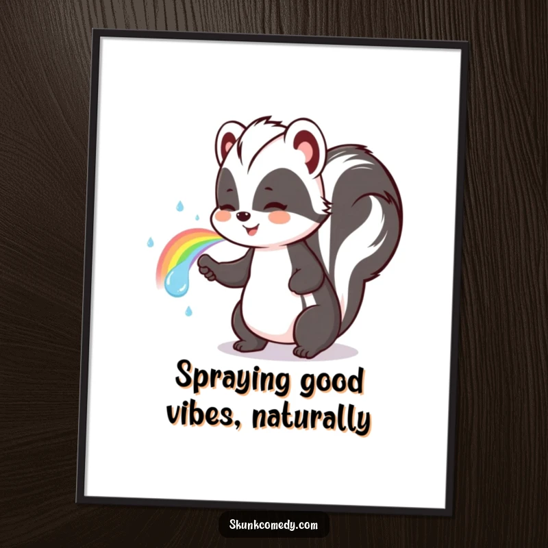 Funny Free Printable Wall Art: A cute skunk HAPPILY spraying a vibrant rainbow instead of its usual scent, spreading color.