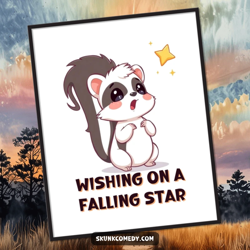 Funny Free Printable Skunk Wall Art: A surprised skunk looks up in awe at a bright, shiny star falling from the night sky.