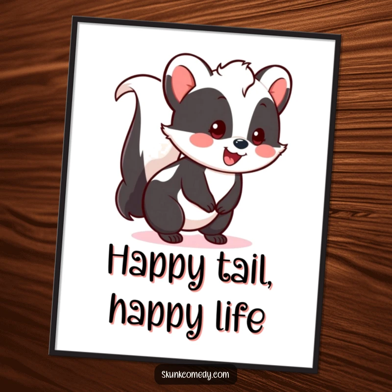 Funny Free Printable Wall Art of a cheerful kawaii skunk with a bouncy, happy tail wag, radiating pure joy and animated energy.